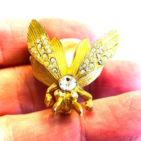 Vintage Mid Century Novelty Brooch Goldtone & Faux Pearl Bug Beetle Insect Pin - Picture 3 of 7